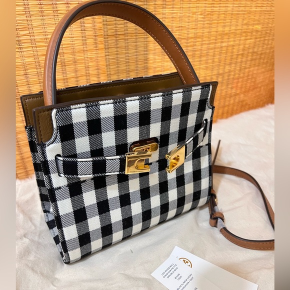NWT Tory Burch Lee Radziwill gingham petite double bag BLACK/NEW IVORY GINGHAM - Picture 2 of 8